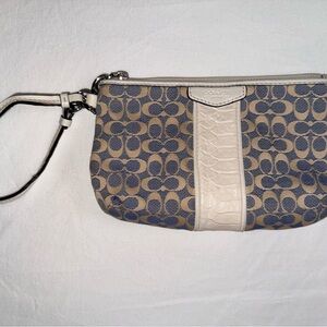 Coach Signature Stripe Wristlet – Beige/Navy with Ivory Croc-Embossed Accent
